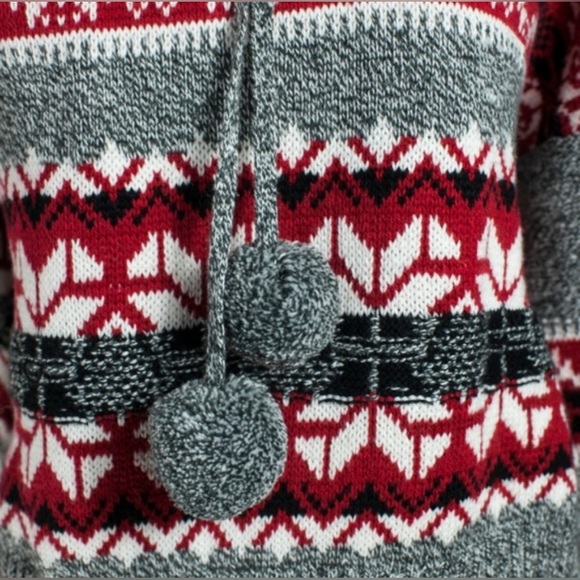 YET AGAIN Fair Isle Sweater Sherpa-lined Hoodie Pom-Pom Drawstring Gray & Red M - Picture 6 of 8